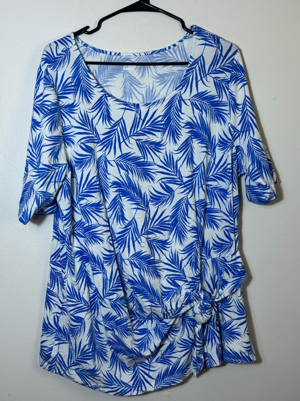 Lands End Top Blue Leaf Floral Print Side Knot Summer Coastal Stretch Size 1x